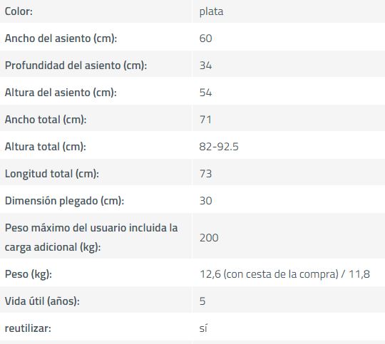 ESPECIFICACIONES Maxi Rollator L Bariátrico